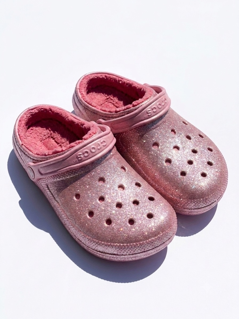 Crocs Kids Pink Glitter Fuzz Lined Classic Clog Shoes Size C12